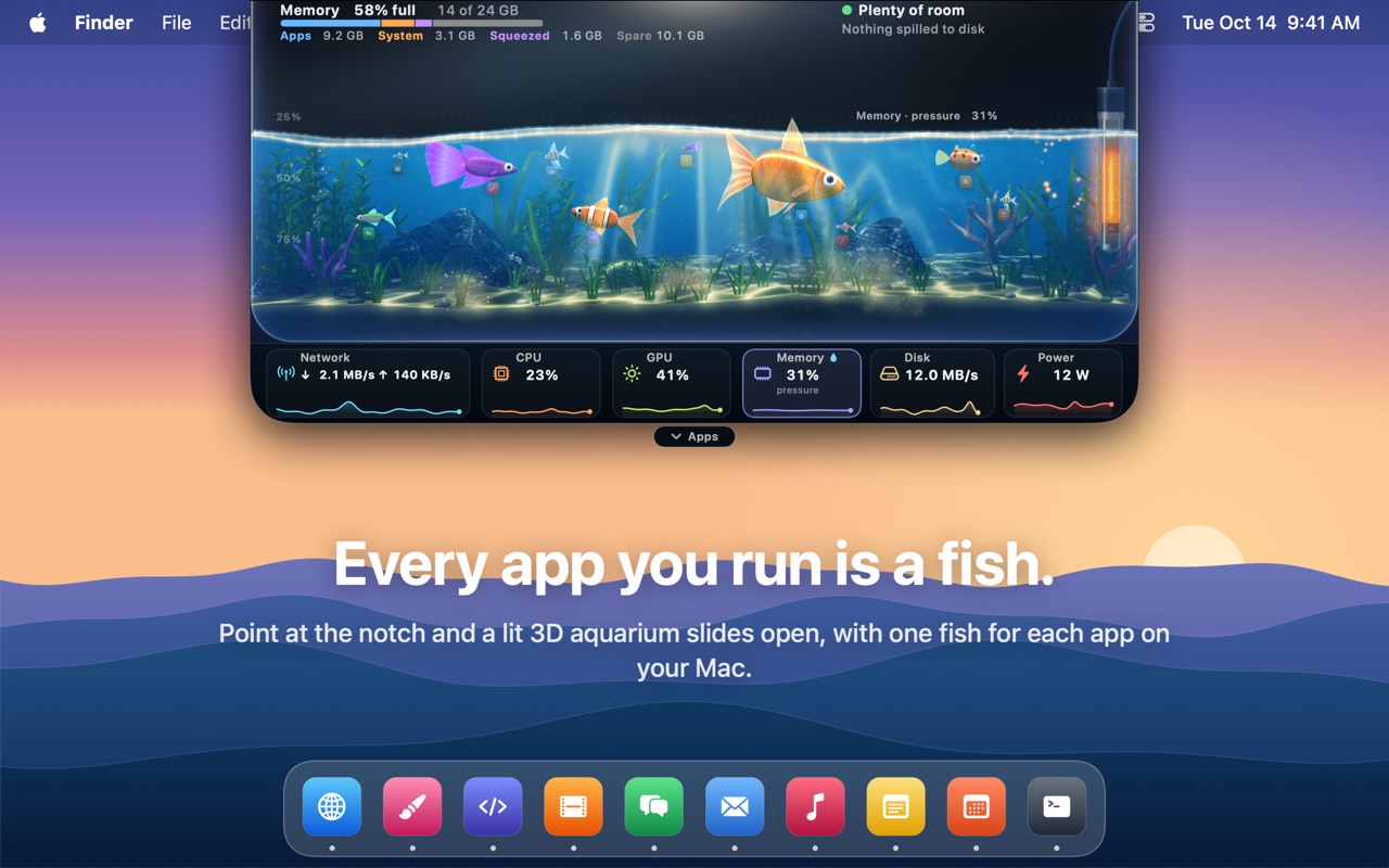 Every app you run is a fish, in a lit 3D aquarium